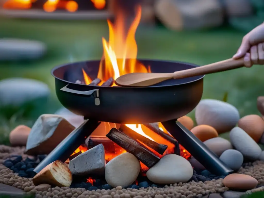 Preparación segura alimentos acampadas: Fogata acogedora en entorno pintoresco, con parrilla de hierro fundido y utensilios de cocina