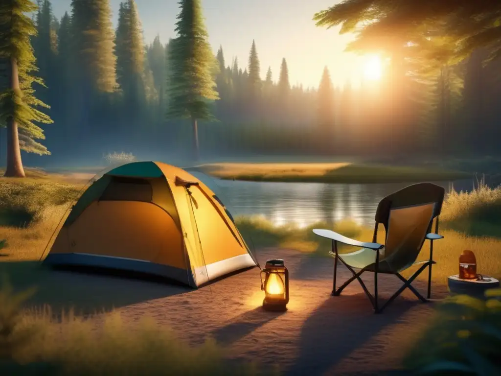 Importancia hidratación camping: campamento tranquilo en un bosque exuberante, con silla de camping, botella de agua y paisaje sereno