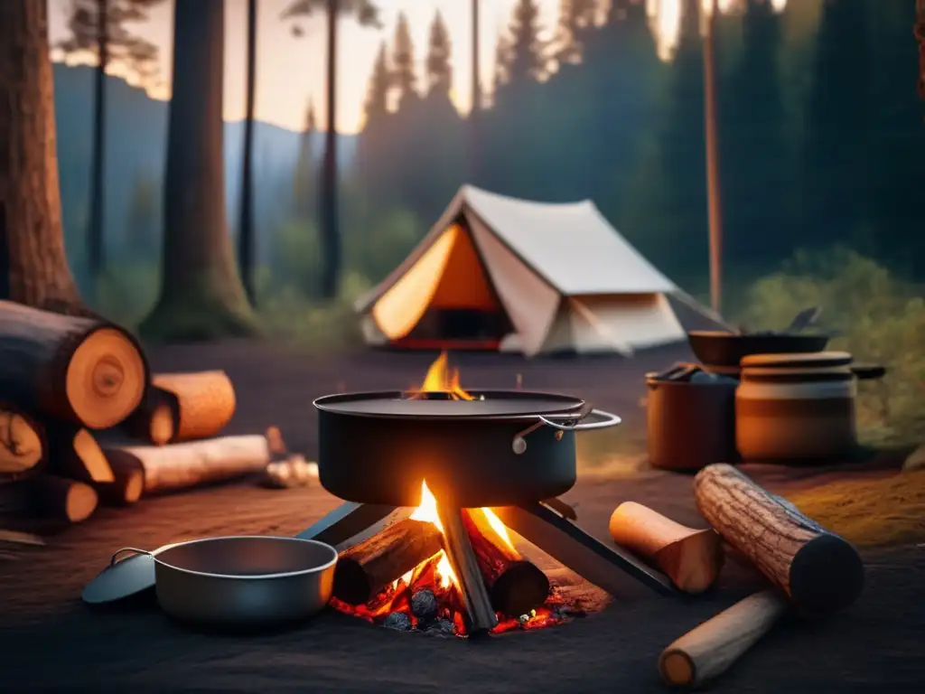 Campamento en bosque con cocina rustica y recetas de camping con alimentos no perecederos