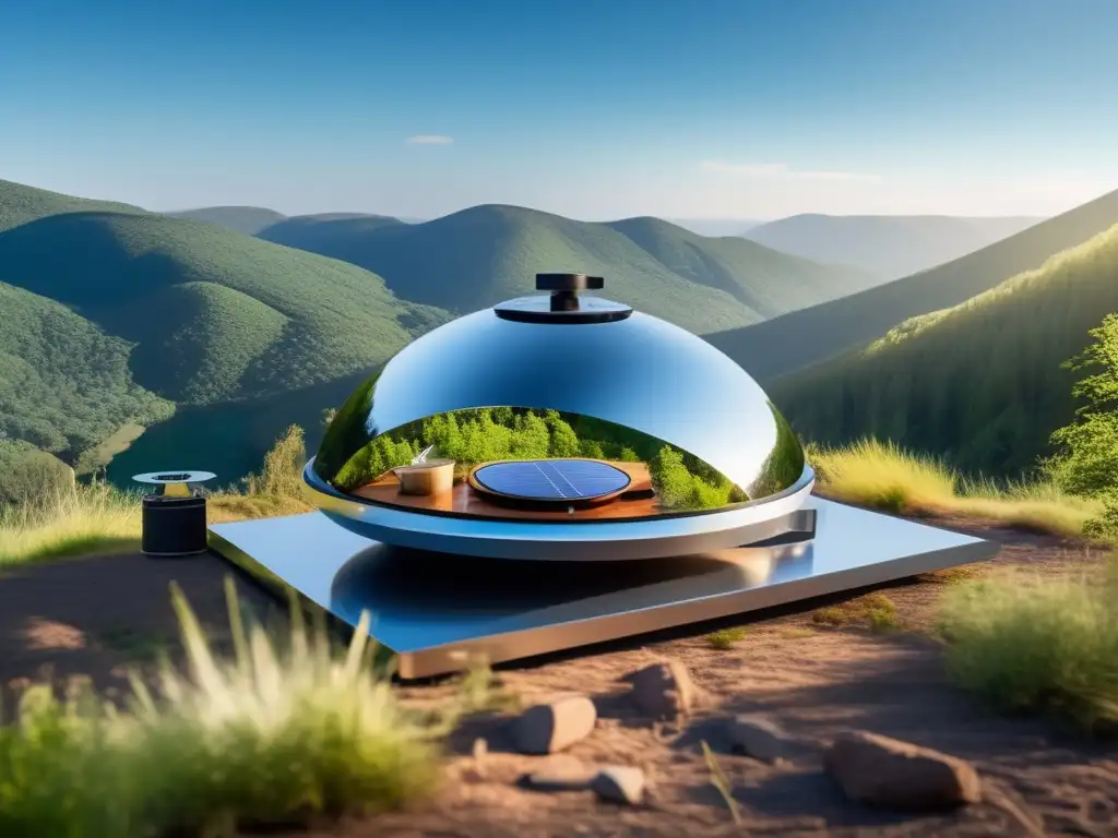 Cocina solar sostenible para camping en un entorno natural exuberante