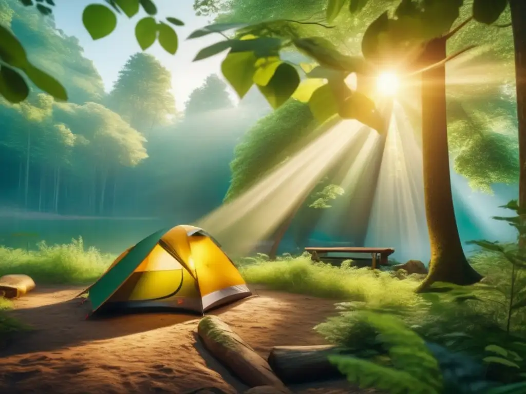 Beneficios campismo sostenible: Escena 8k impresionante, campamento ecofriendly en bosque exuberante, armonía con la naturaleza