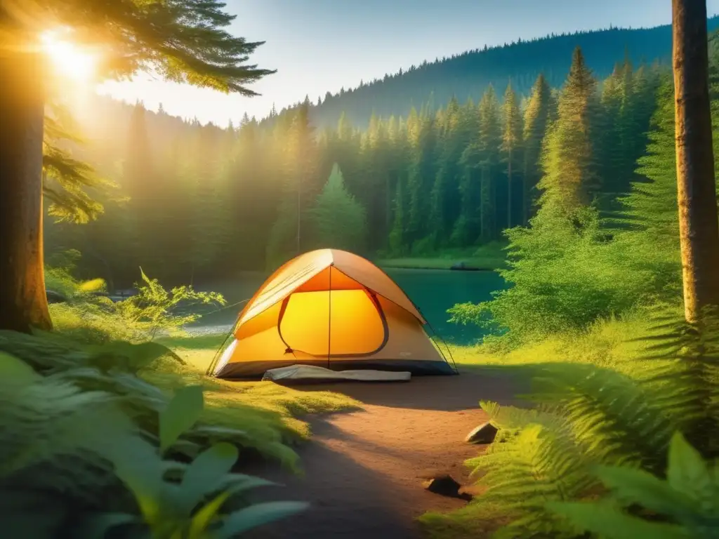 Impacto del camping en la naturaleza: campamento sereno en un exuberante bosque, con tienda acogedora rodeada de vegetación verde vibrante