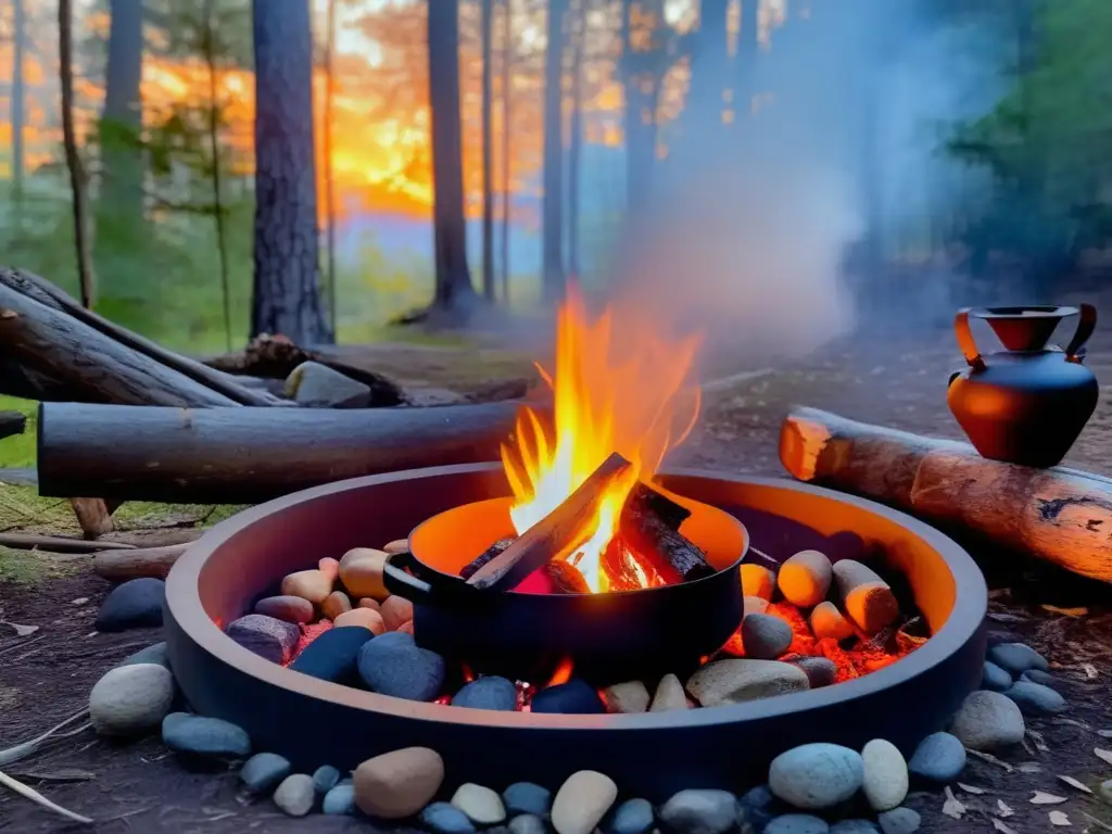 Una fogata encantadora rodeada de piedras en un bosque denso, con un caldero de hierro sobre el fuego