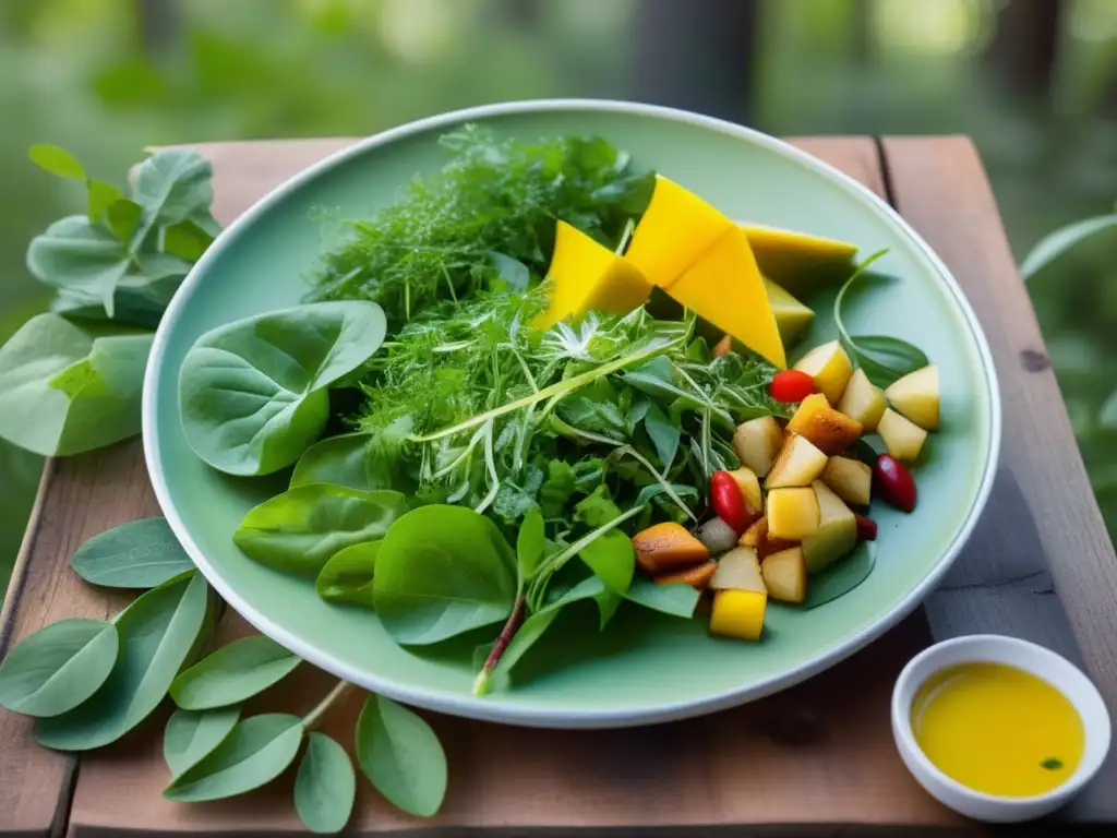 Recetas al aire libre con plantas comestibles en un campamento pintoresco en el bosque