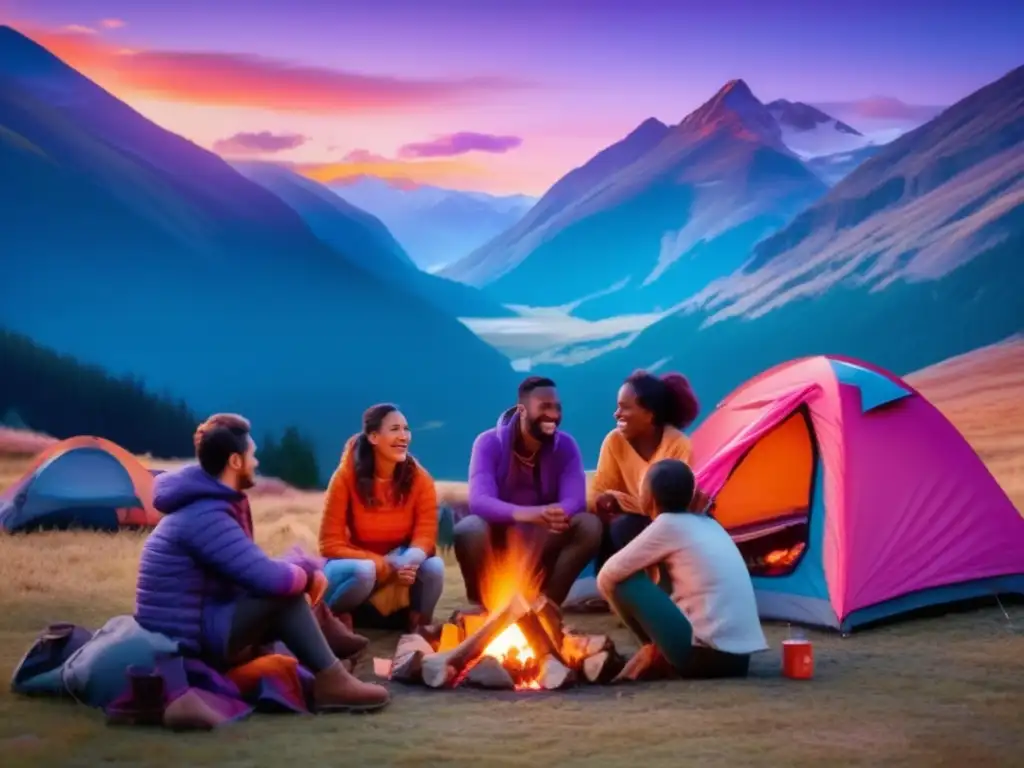 Escena de camping al atardecer con amigos, disfrutando de recetas de camping y alimentos secos