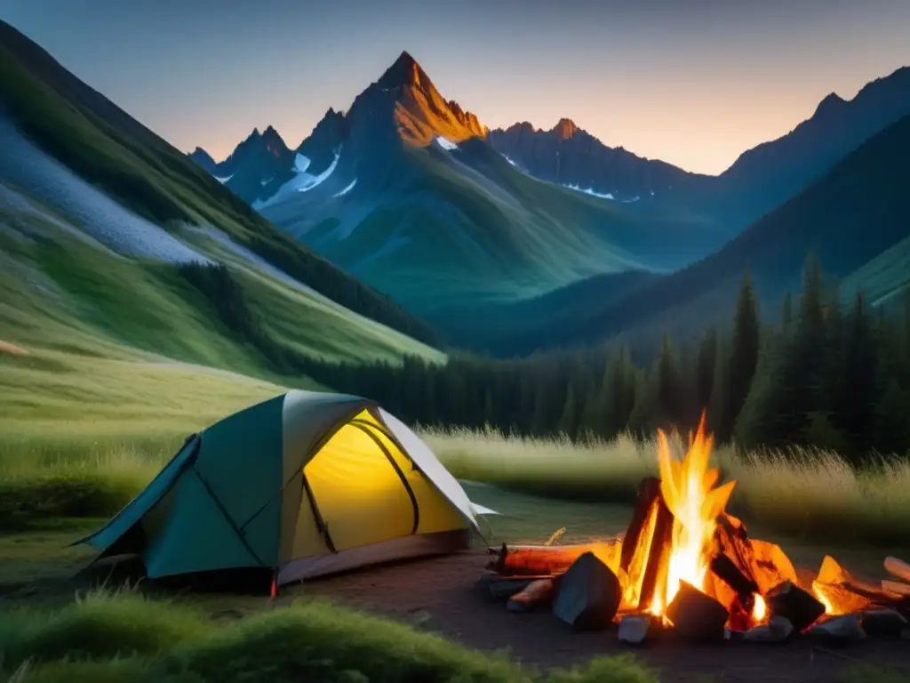 Equipo de camping para montaña: preparación en paisaje montañoso mágico con tienda, fogata y naturaleza exuberante