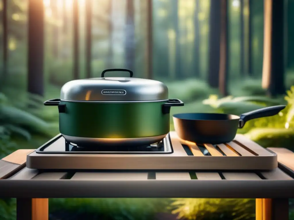 Recetas gourmet para camping en una cocina moderna en el bosque