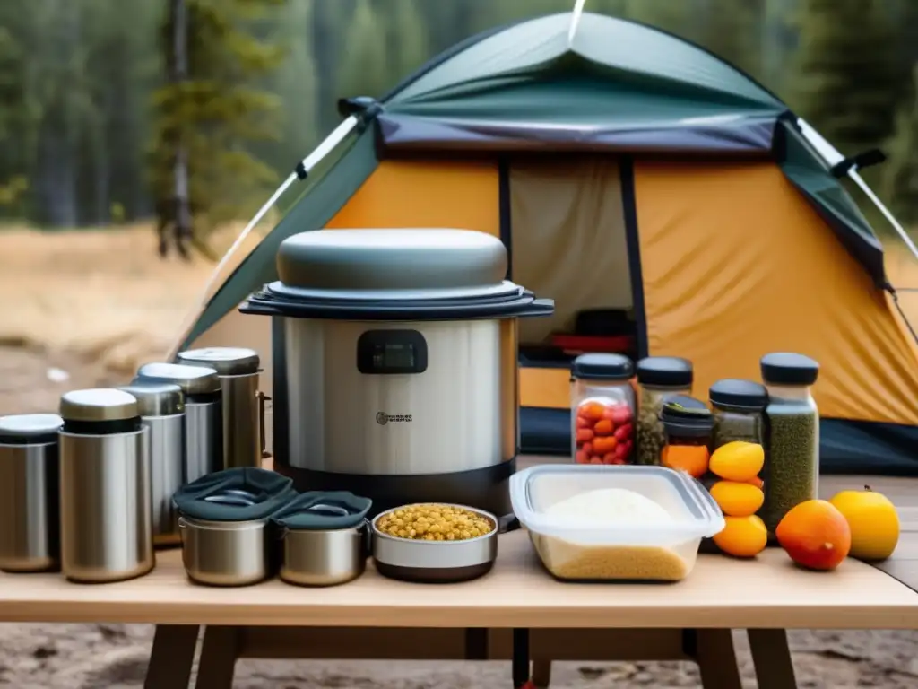 Bolsas de vacío para conservación de alimentos en camping: cocina organizada, variedad de comidas frescas y preservadas, etiquetas informativas