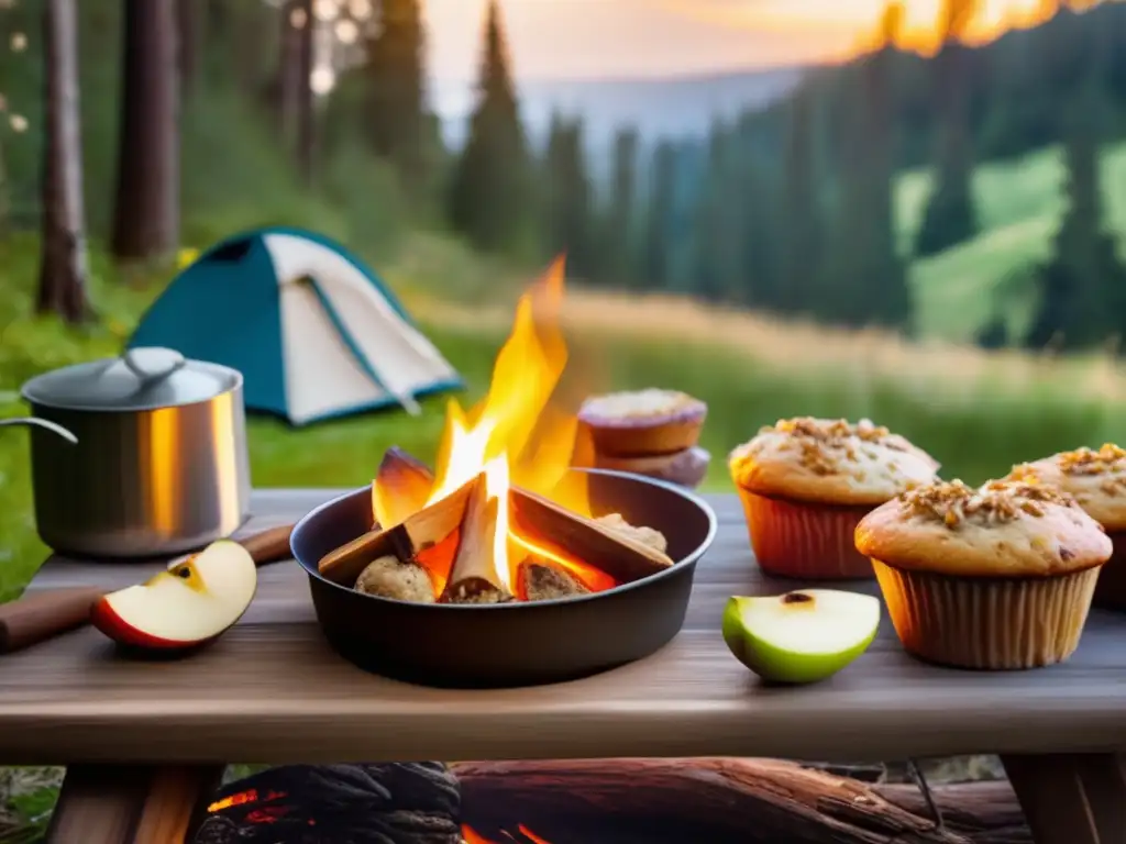 Campamento en bosque con fogata y deliciosas recetas de camping (Recetas camping alimentos secos)