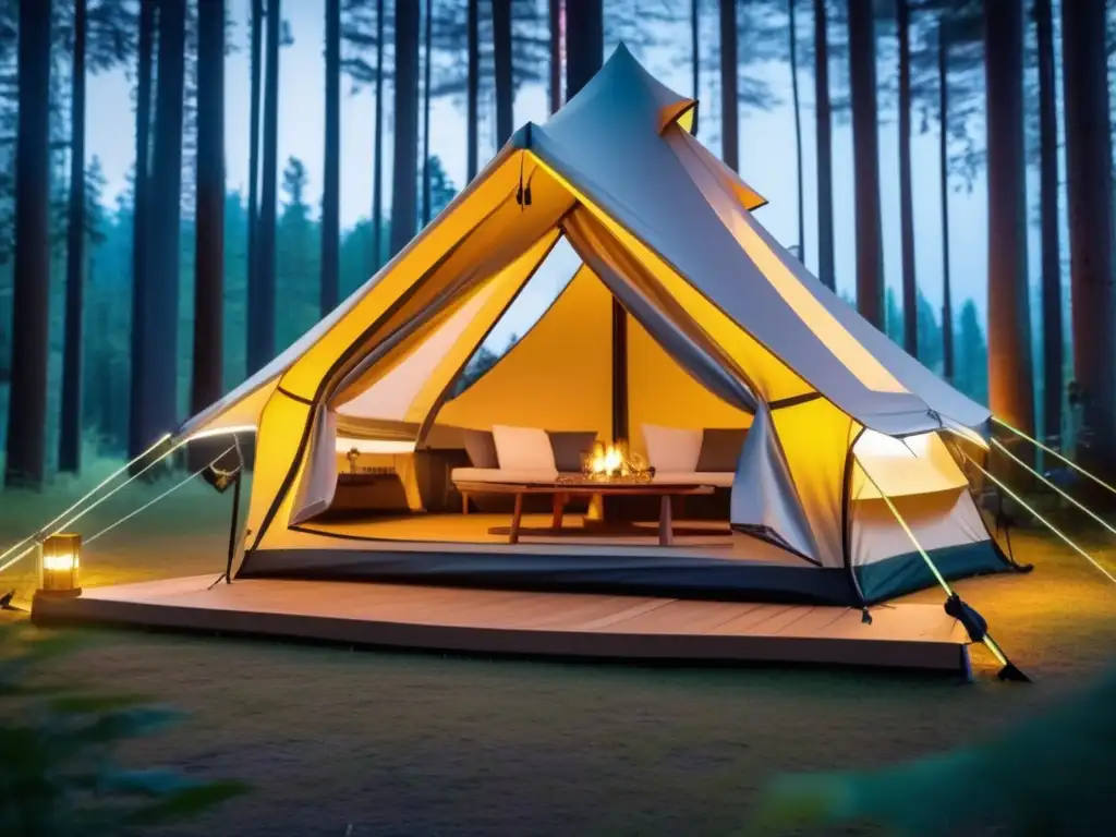 Tecnología y camping: nuevas tendencias - Vista impresionante de un moderno campamento en medio de un bosque exuberante