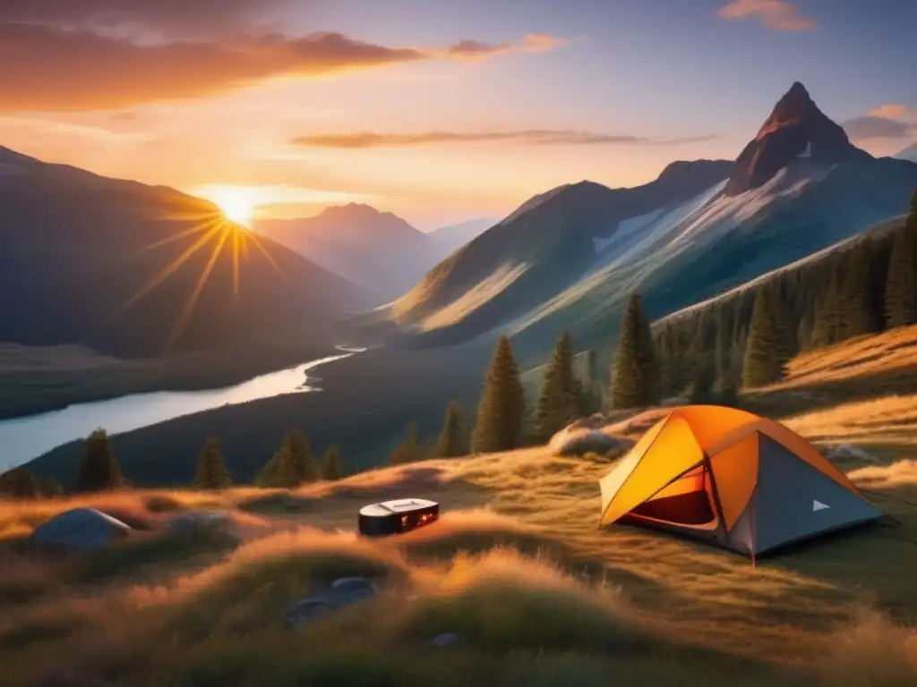 Evolución equipo acampada: cambios en paisaje impresionante al atardecer con campamento tecnológico y río cristalino