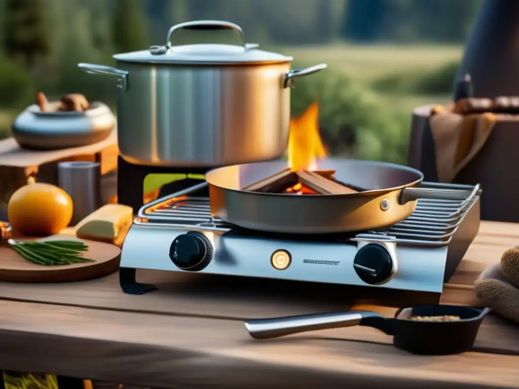 Utensilios de camping para cocinar al aire libre en un entorno sereno, con una estufa portátil y accesorios de alta calidad