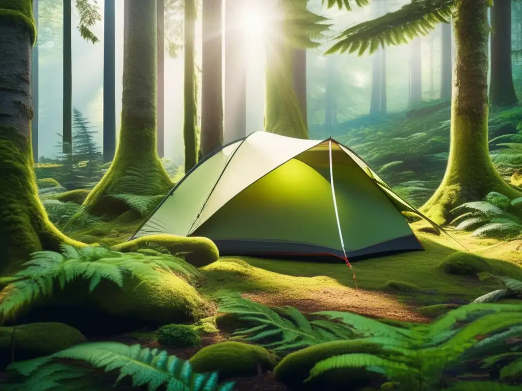 Pristine forest with lush flora, eco-friendly campsite