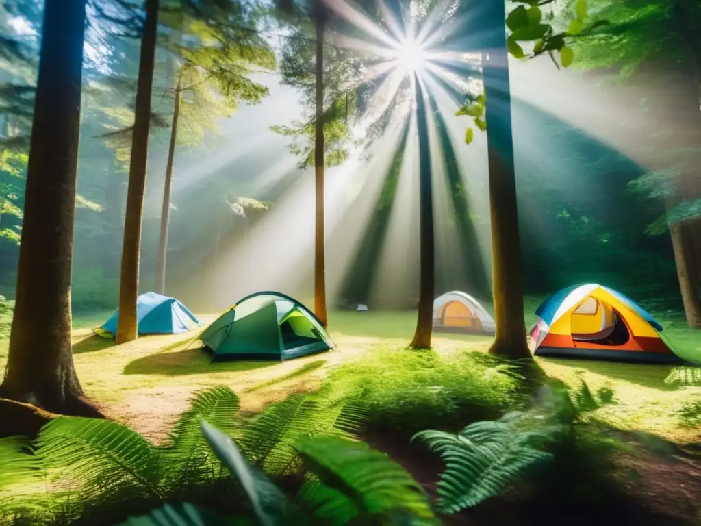 Impacto ambiental viajes camping: campamento ecológico en bosque con tienda, equipo sostenible y conservación de recursos