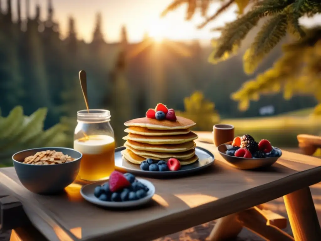 Campamento pintoresco al amanecer en un bosque denso con recetas paleo para acampar