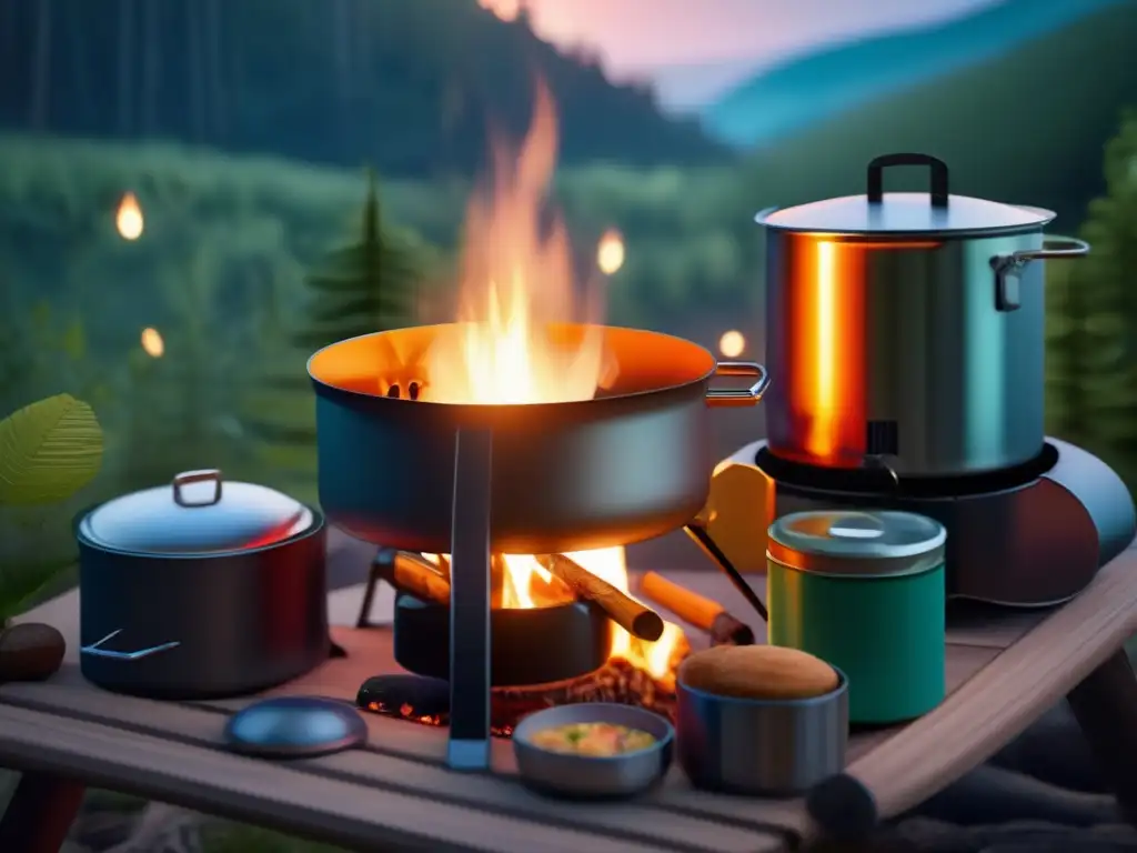 Campamento en el bosque con cocina, alimentos enlatados, ambiente misterioso (Recetas camping alimentos enlatados)