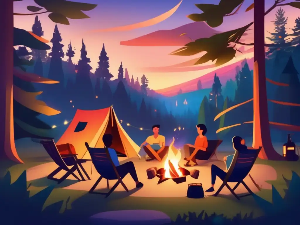 Escena de camping al atardecer con amigos