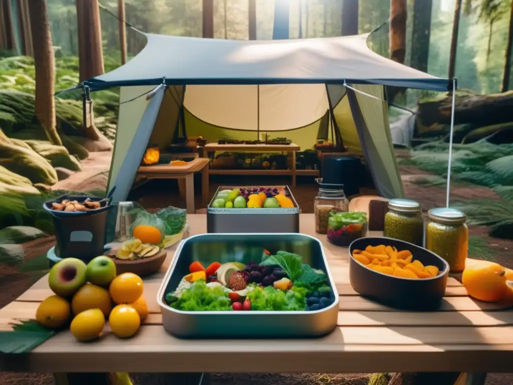 Campamento sereno rodeado de árboles altos y luz solar, con alimentos deshidratados para senderismo y camping