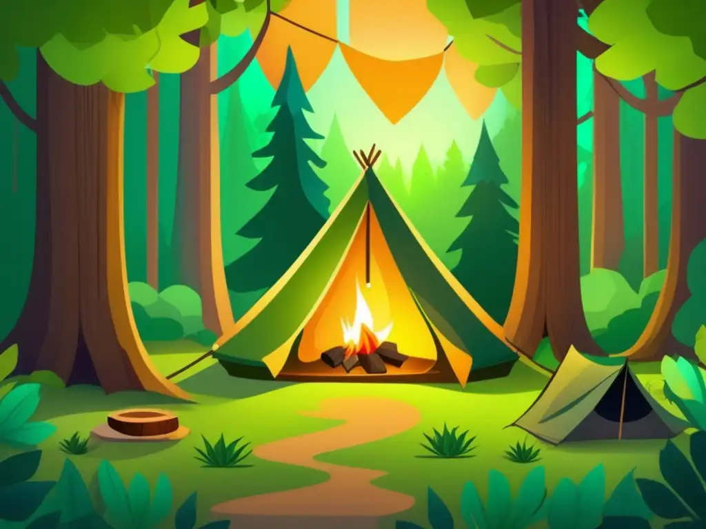 Beneficios de conservas en camping: bosque sereno, campamento acogedor, comida enlatada colorida, naturaleza exuberante