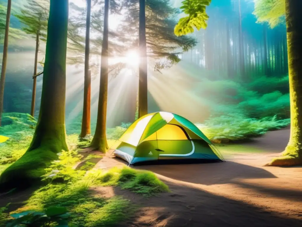 Vista mágica de campamento en bosque con montañas nevadas y río sereno - Beneficios espirituales del senderismo y camping