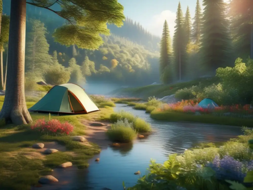 Escena de camping en bosque con prácticas indígenas para revitalizar energía (110 caracteres)