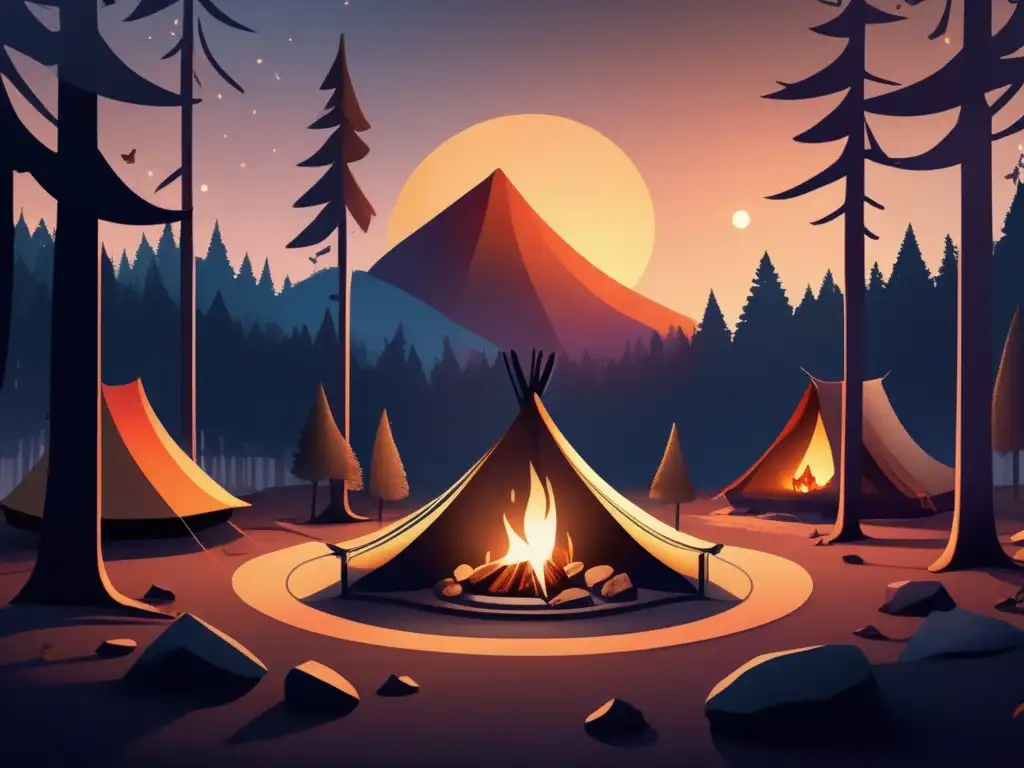 Bosque oscuro al atardecer con tienda de campaña y equipo moderno de camping