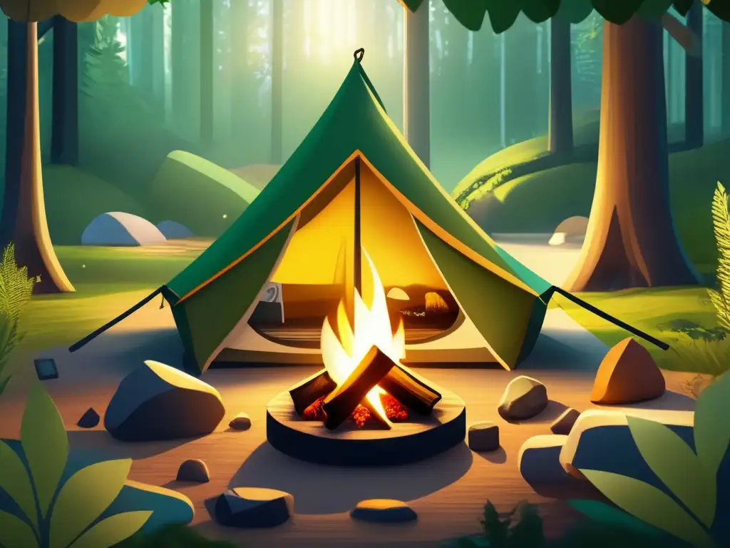 Beneficios del camping para dormir mejor: campamento tranquilo en un bosque frondoso, con una tienda moderna, fogata y campistas relajados