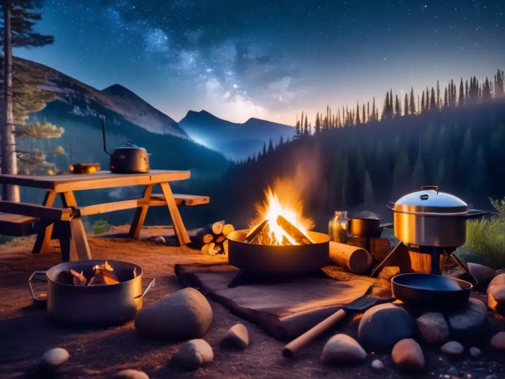 Un campamento en la montaña con cocina para recetas de camping