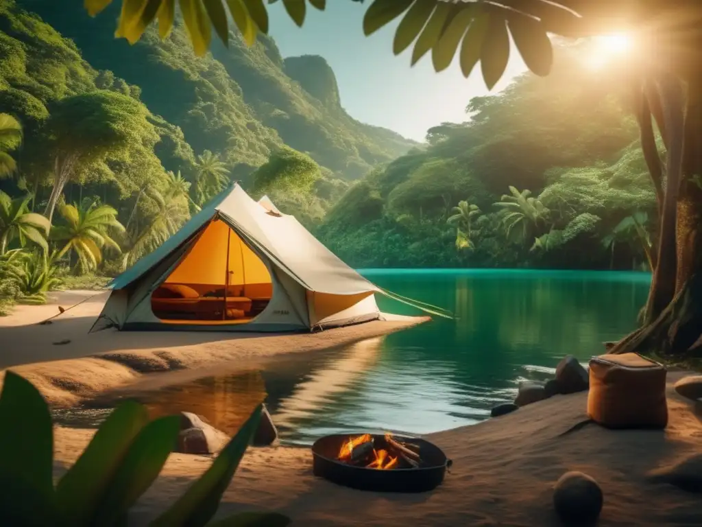 Acampada en la Selva Lacandona México: campamento seguro junto al río, rodeado de naturaleza exuberante y equipado con todo lo necesario