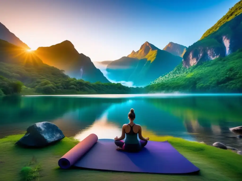 Beneficios del yoga en camping: imagen de un tranquilo lugar rodeado de montañas y naturaleza, con un yoga mat frente a un río cristalino