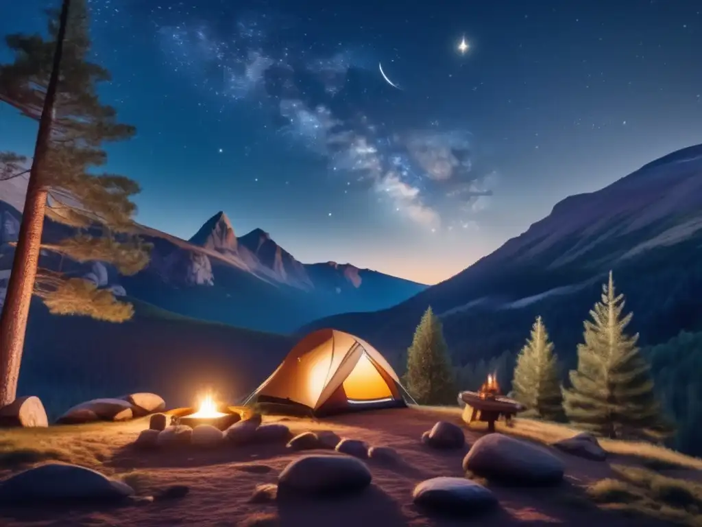 Campamento en la montaña con cielo estrellado y zona de observación astronómica (110 caracteres)