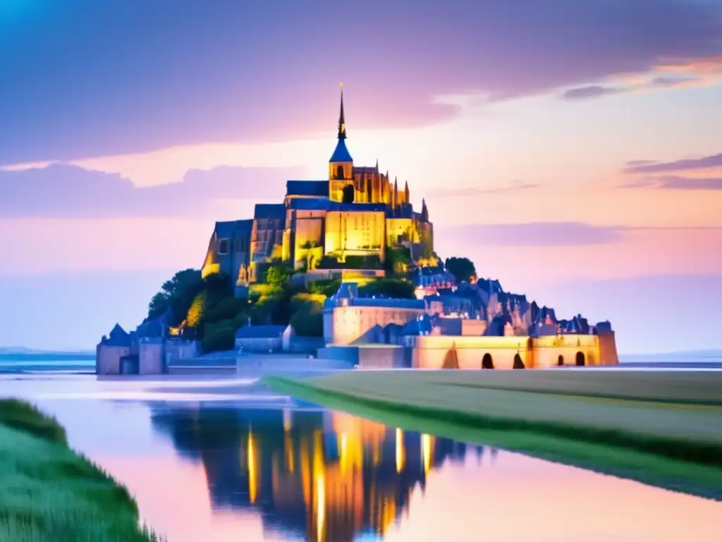 Experiencia de acampar en Mont Saint Michel: vista impresionante del monasterio iluminado al atardecer, rodeado de naturaleza y campistas