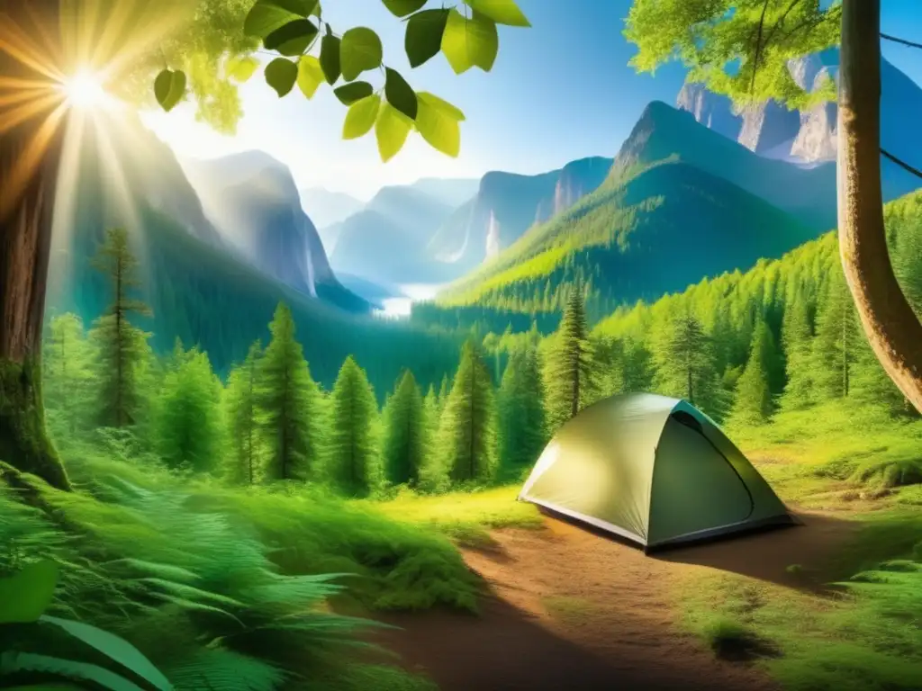 Beneficios camping en áreas naturales protegidas: escena cautivadora de acampar rodeado de montañas, bosque vibrante y río brillante