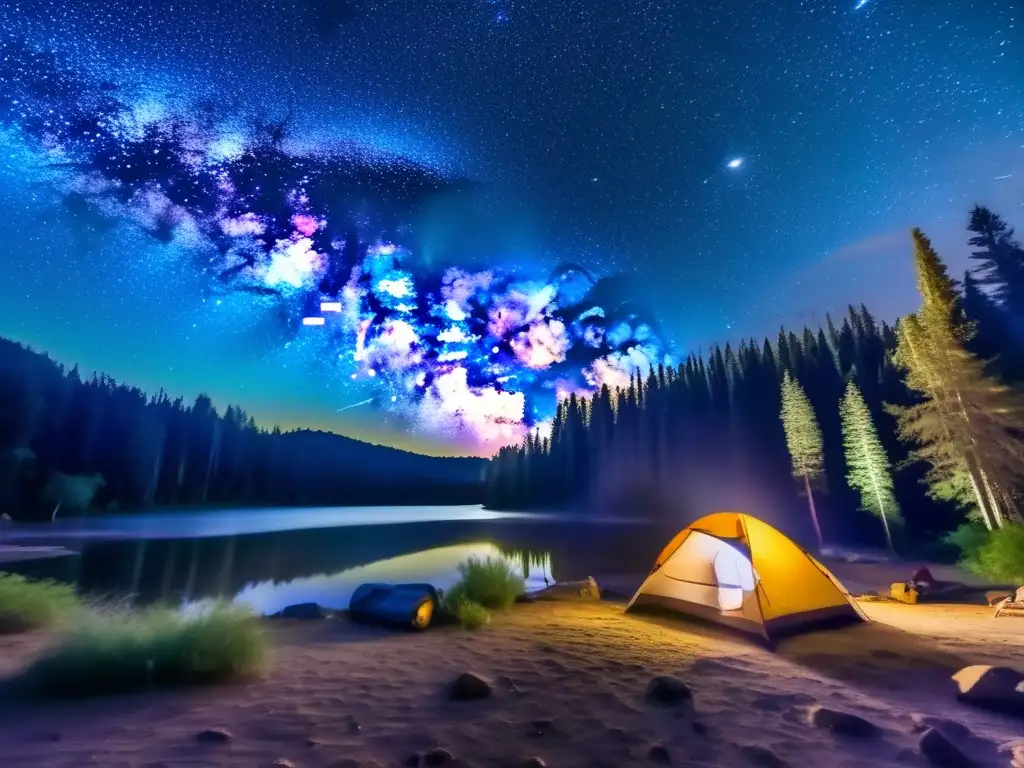 Estrellas brillantes en cielo nocturno sobre campamento en bosque: Significado simbólico estrellas senderismo camping