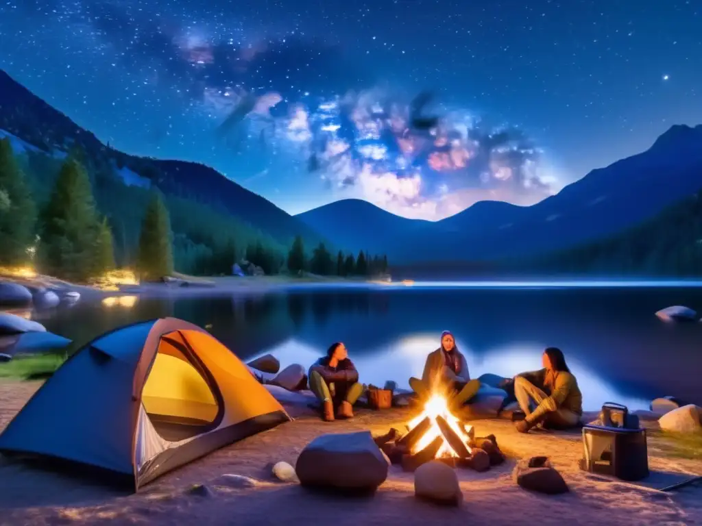 Fotografía nocturna de camping y senderismo bajo un cielo estrellado, invitando a aventurarse en la belleza de la noche