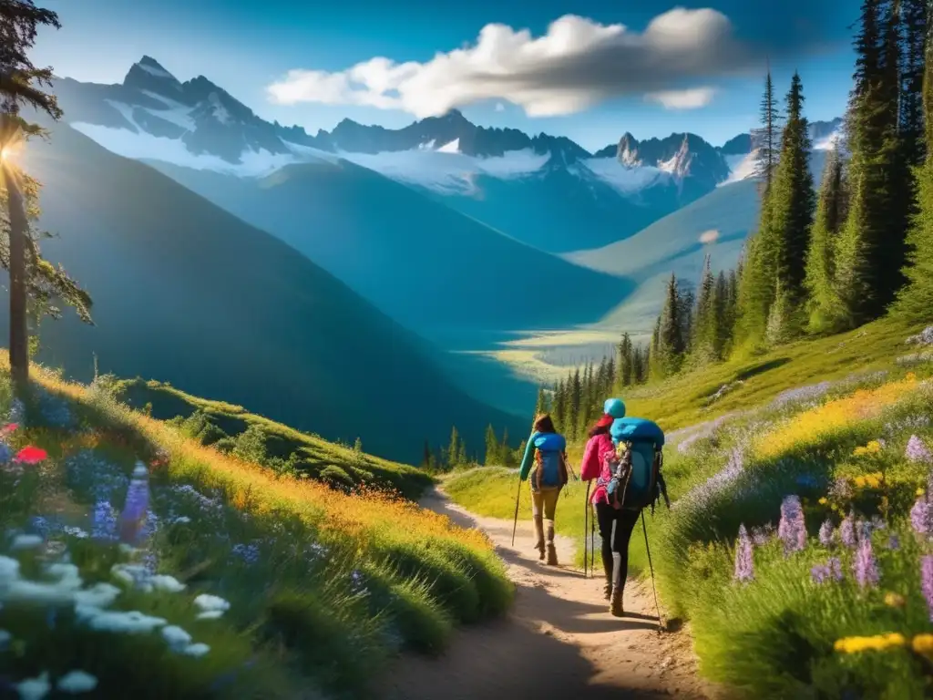 Ética en el camping y senderismo: majestuosas montañas nevadas, sendero serpenteante a través de un bosque prístino, luz solar filtrándose entre altos árboles, sombras moteadas en el suelo, vibrantes flores silvestres y un grupo de excursionistas respetuosos con el medio ambiente