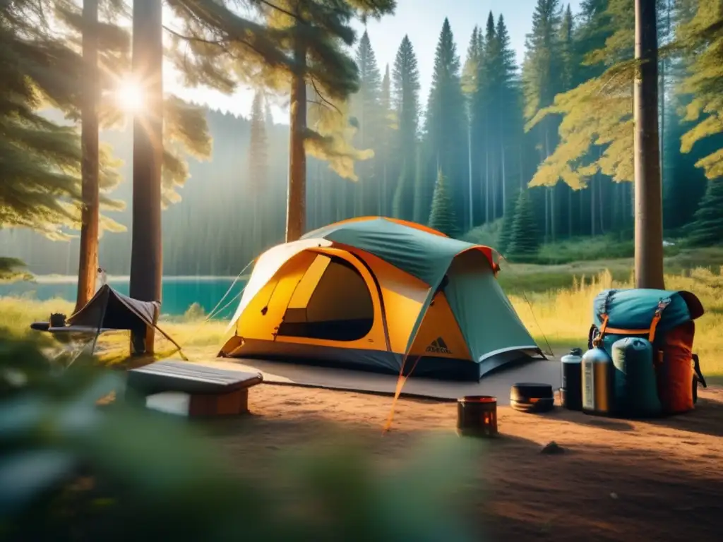 Kit de supervivencia para camping en un idílico escenario de bosque con tienda moderna, equipo esencial y paisaje natural