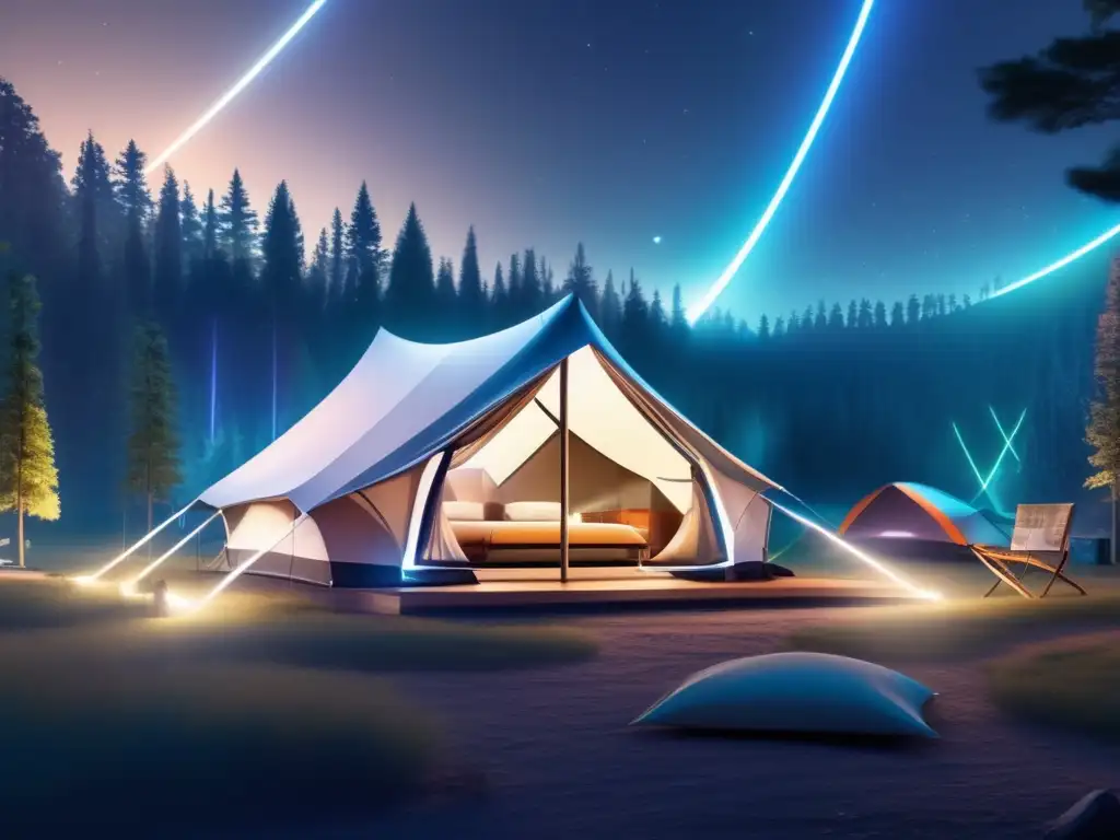 Tecnologías modernas conservación áreas acampada: Noche mágica en moderno camping, rodeado de bosque