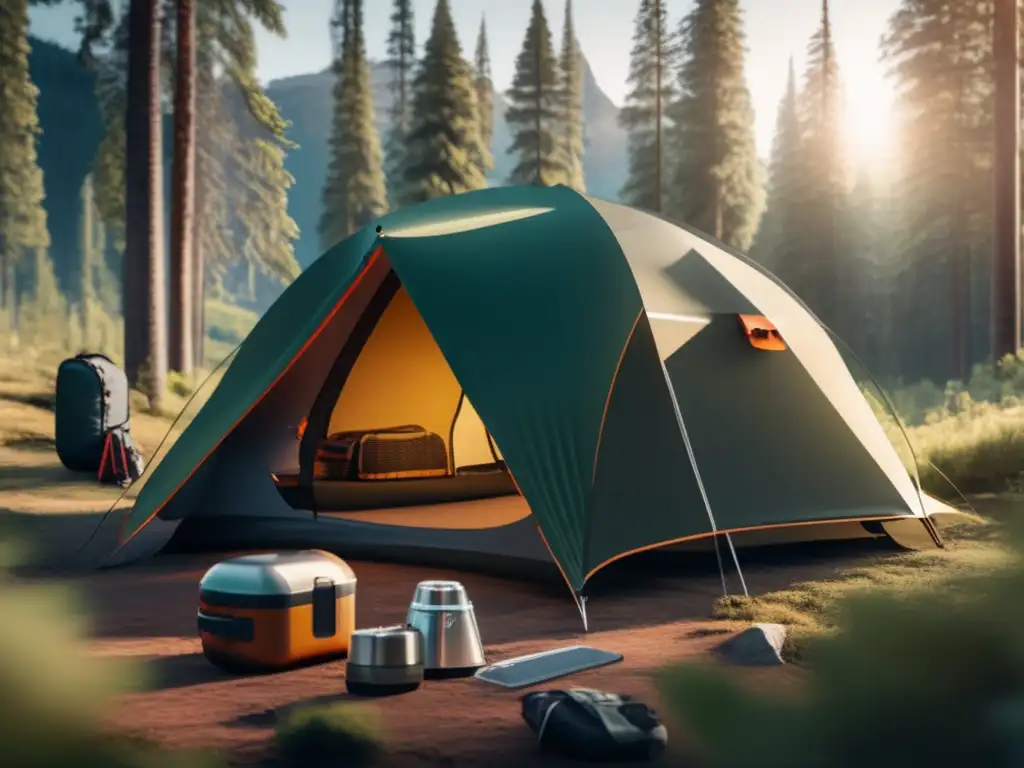 Material supervivencia camping evolución: escena moderna de camping con tienda futurista y kit innovador en bosque misterioso