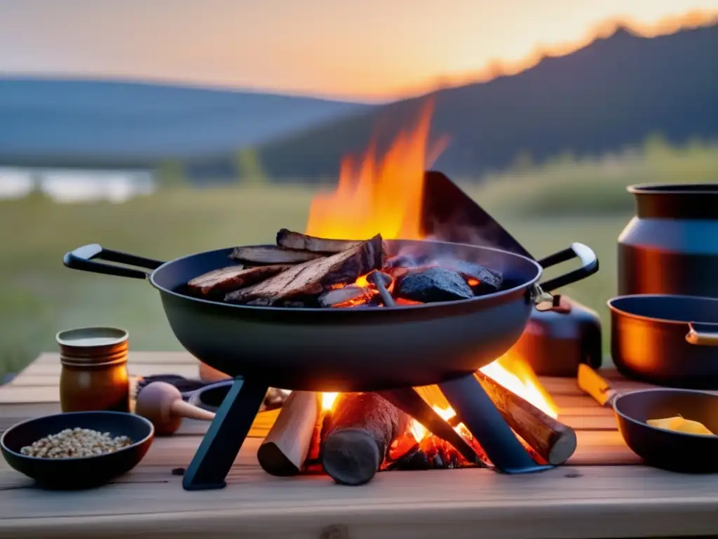 Utensilios de camping para cocinar al aire libre y escena mística de barbacoa al anochecer