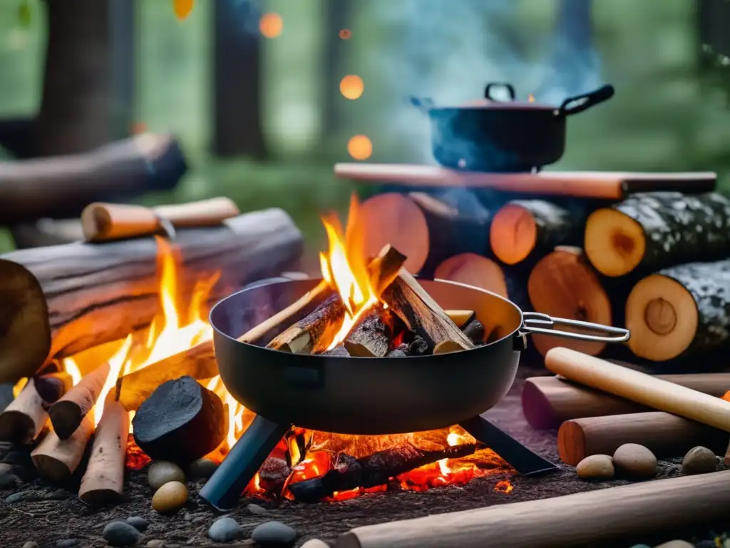 Cocina al aire libre con seguridad en un campamento rodeado de naturaleza exuberante, un chef habilidoso asando un filete a la parrilla