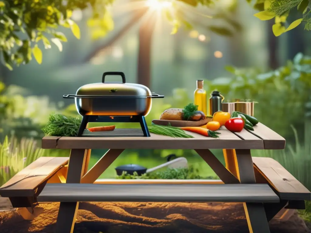 Cocina al aire libre con plantas comestibles en un campamento tranquilo rodeado de naturaleza