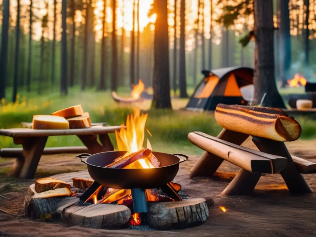 Recetas sencillas para acampar: Campamento en bosque con fogata, sandwich dorado, ensalada fresca, río sereno