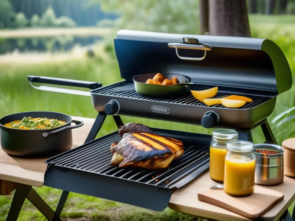 Utensilios de camping para cocinar al aire libre en escena de campamento con naturaleza exuberante, cocina al aire libre y platos deliciosos