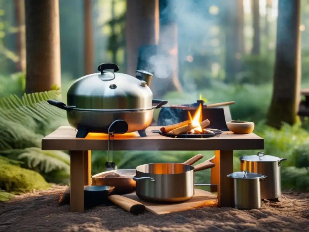 Campamento en un bosque exuberante, con ahumado de alimentos y senderismo