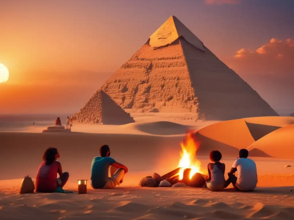 Energía ancestral pirámides Egipto acampada: Campamento místico junto a majestuosas pirámides, iluminado por el cálido resplandor del atardecer