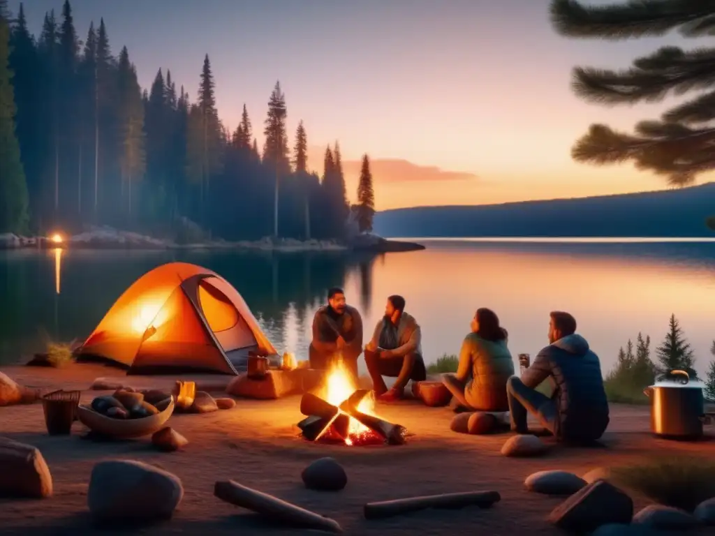 Campamento junto al lago al atardecer con amigos preparando recetas de pescado al aire libre