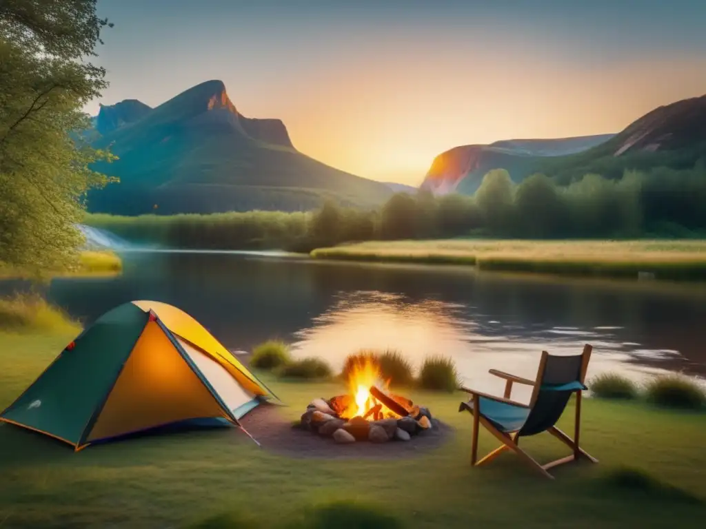 Campamento junto a un río sereno, simbolismo acuático en naturaleza mística