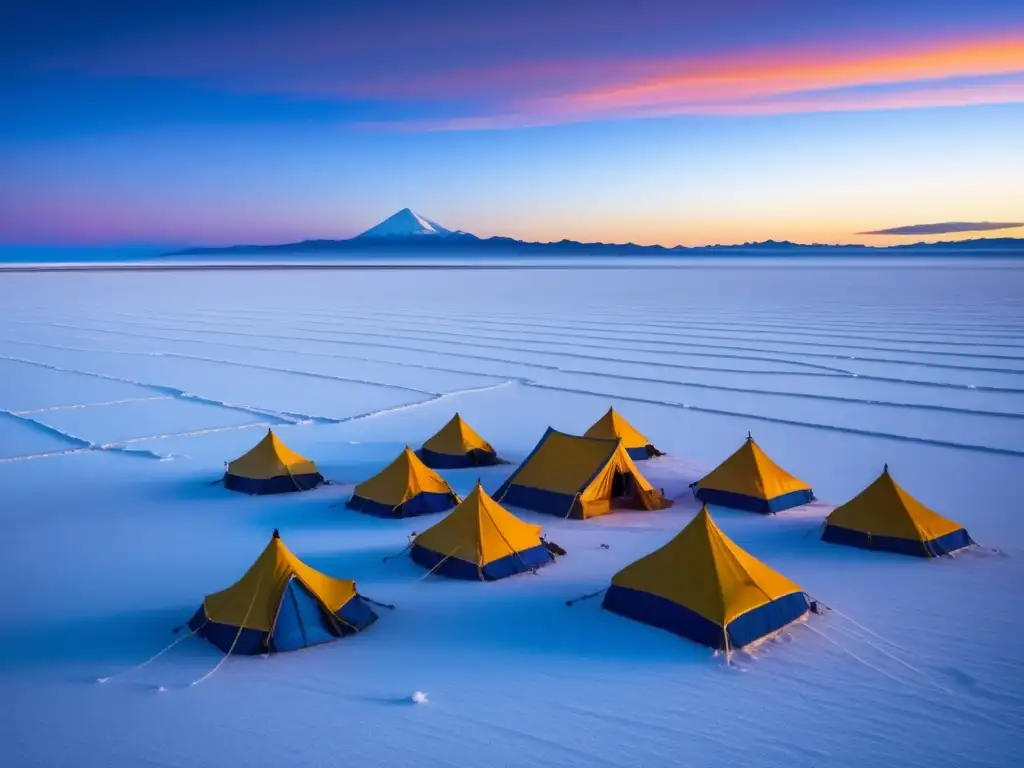 Experiencia acampada Salar Uyuni: Atardecer majestuoso en las salinas, con extensión infinita y tiendas coloridas en primer plano