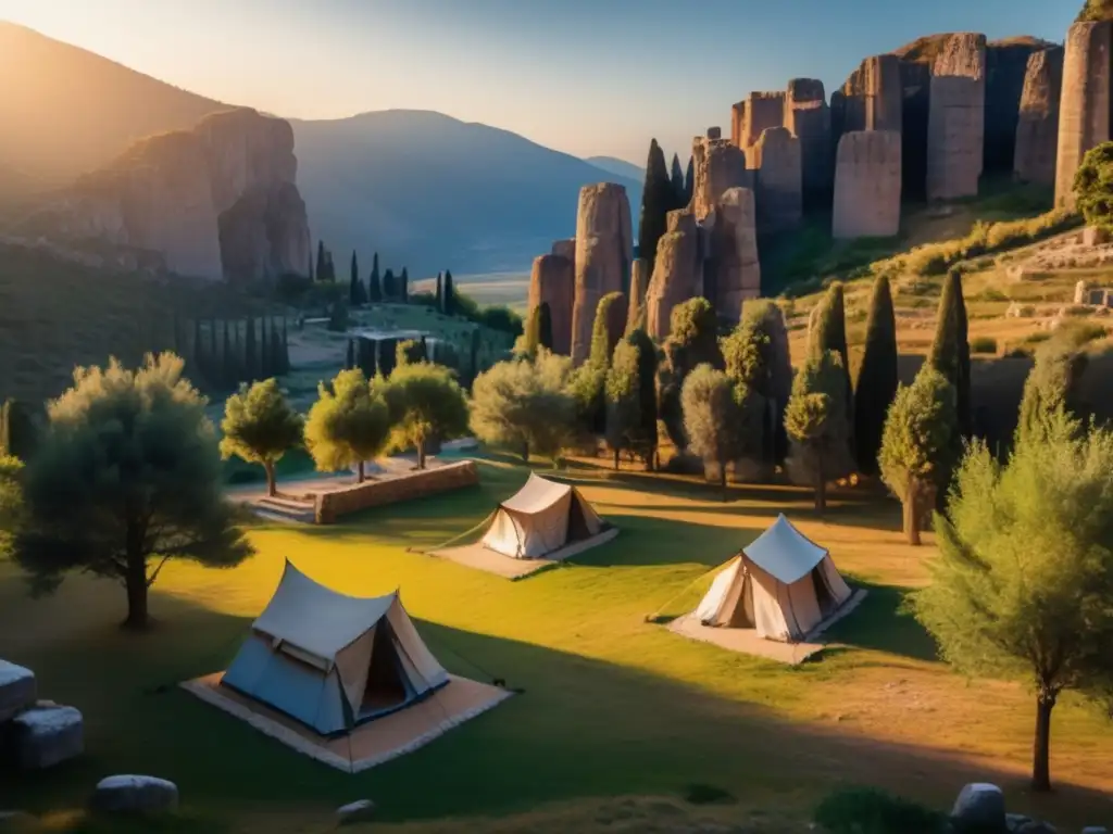 Encanto acampada antiguo santuario Delphi: Campamento sereno en ruinas de Delphi, con columnas doricas y paisaje verde